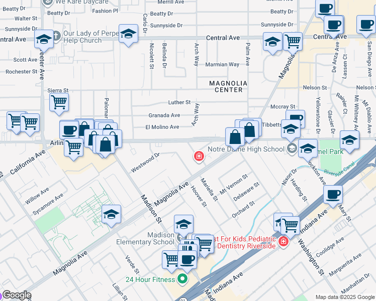 map of restaurants, bars, coffee shops, grocery stores, and more near 3870 El Hijo Street in Riverside