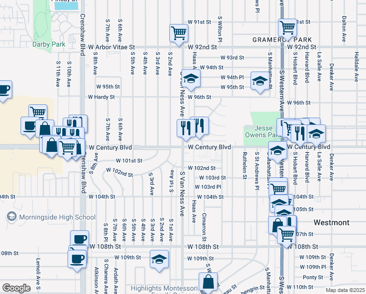 map of restaurants, bars, coffee shops, grocery stores, and more near West Century Boulevard & South Van Ness Avenue in Inglewood