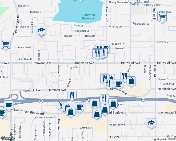 map of restaurants, bars, coffee shops, grocery stores, and more near 12065 Webb Street in Moreno Valley