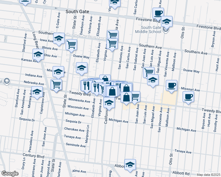 map of restaurants, bars, coffee shops, grocery stores, and more near 3481 Tweedy Boulevard in South Gate
