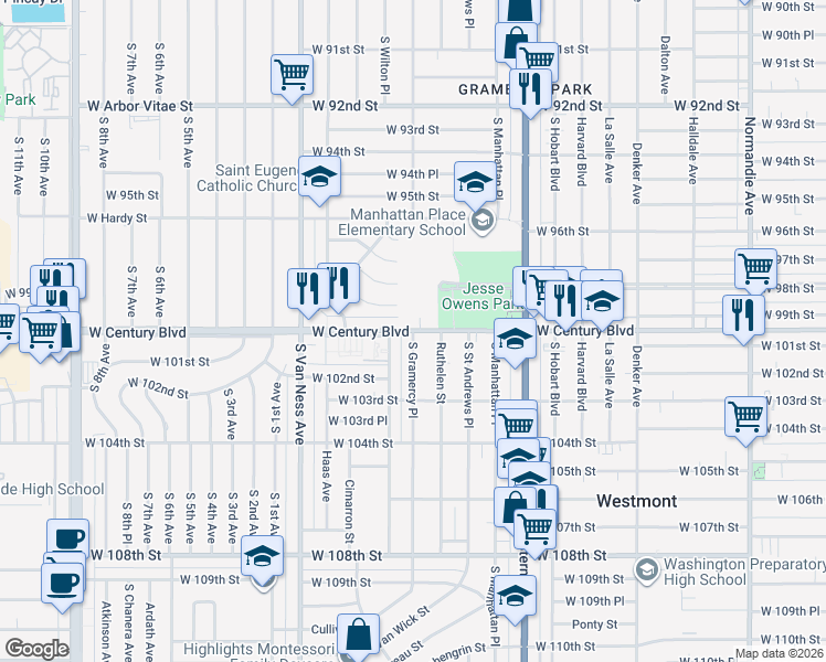 map of restaurants, bars, coffee shops, grocery stores, and more near South Gramercy Place in Los Angeles