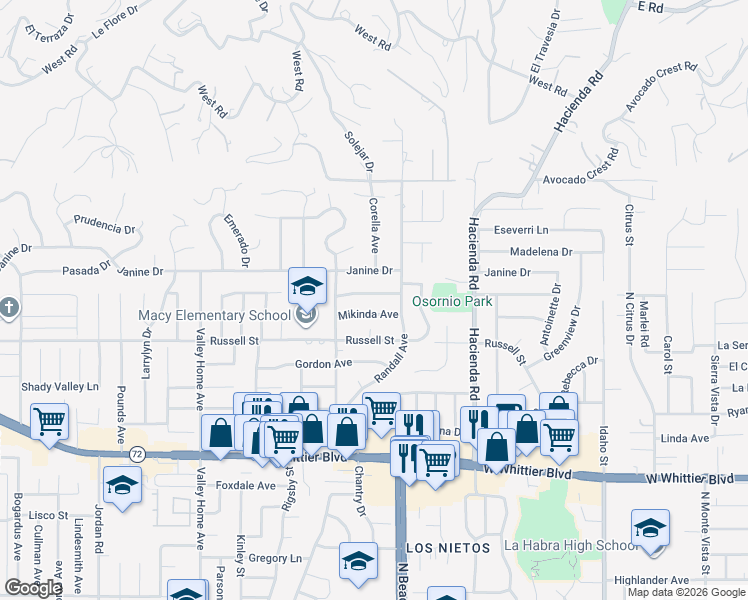 map of restaurants, bars, coffee shops, grocery stores, and more near 9422 West Canfield Drive in La Habra