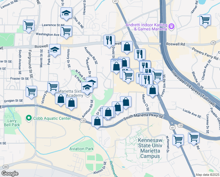 map of restaurants, bars, coffee shops, grocery stores, and more near 1125 Claymore Drive Southeast in Marietta