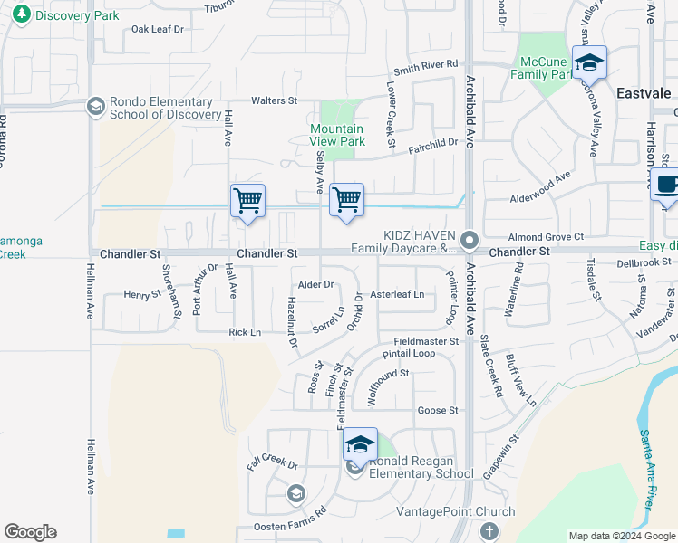 map of restaurants, bars, coffee shops, grocery stores, and more near 7831 Orchid Drive in Eastvale