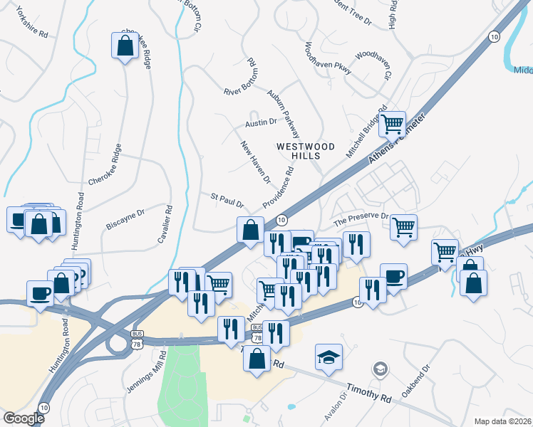 map of restaurants, bars, coffee shops, grocery stores, and more near 140 Providence Road in Athens