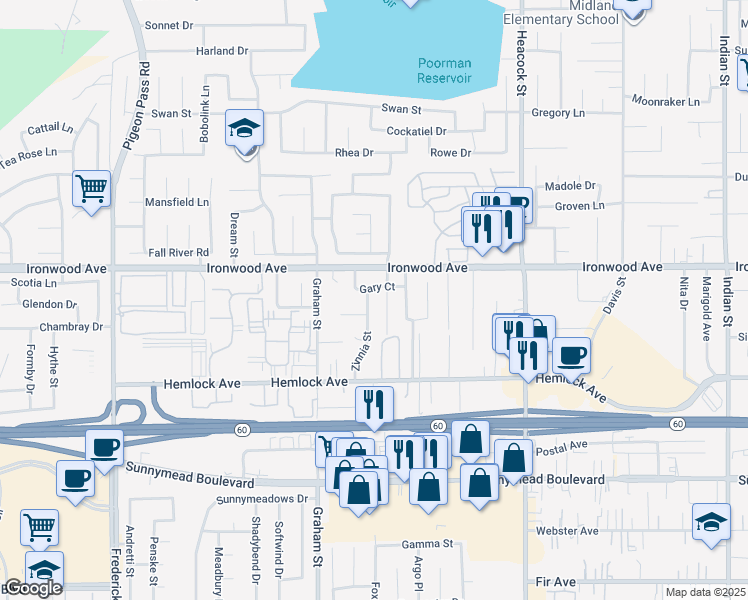 map of restaurants, bars, coffee shops, grocery stores, and more near 12062 Zinnia Street in Moreno Valley