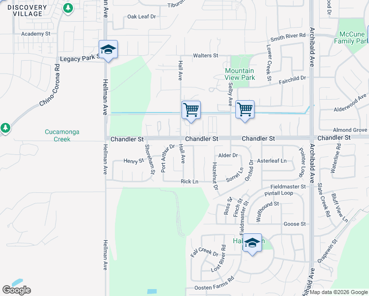 map of restaurants, bars, coffee shops, grocery stores, and more near 7846 Hall Avenue in Corona