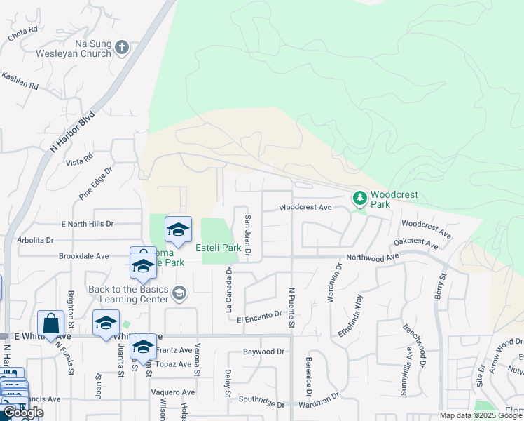 map of restaurants, bars, coffee shops, grocery stores, and more near 1575 North Sandalwood Drive in Brea