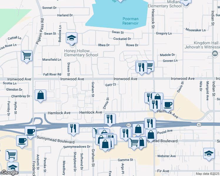 map of restaurants, bars, coffee shops, grocery stores, and more near 12062 Zinnia Street in Moreno Valley