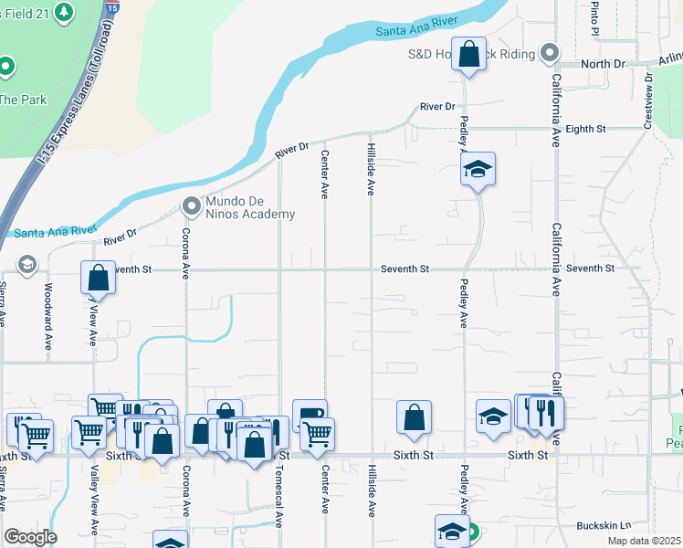 map of restaurants, bars, coffee shops, grocery stores, and more near 758 7th Street in Norco