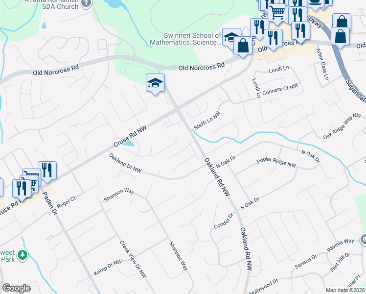 map of restaurants, bars, coffee shops, grocery stores, and more near 2198 Oakland Walk Drive in Lawrenceville