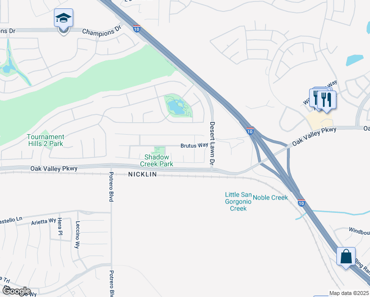 map of restaurants, bars, coffee shops, grocery stores, and more near 38473 Brutus Way in Beaumont