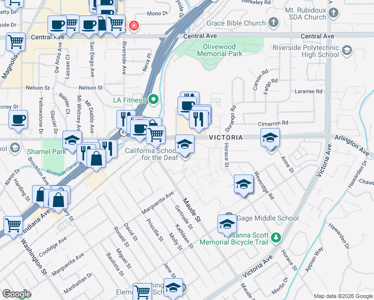 map of restaurants, bars, coffee shops, grocery stores, and more near 3044 Horace Street in Riverside