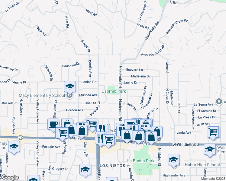 map of restaurants, bars, coffee shops, grocery stores, and more near 1500 North Hacienda Road in La Habra