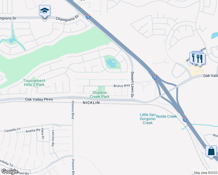 map of restaurants, bars, coffee shops, grocery stores, and more near 38163 Brutus Way in Beaumont