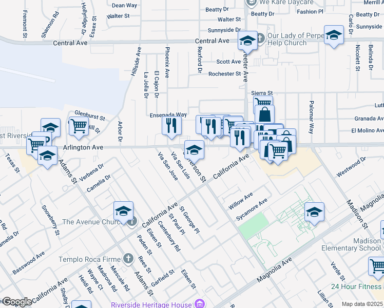 map of restaurants, bars, coffee shops, grocery stores, and more near 4285 Jefferson Street in Riverside