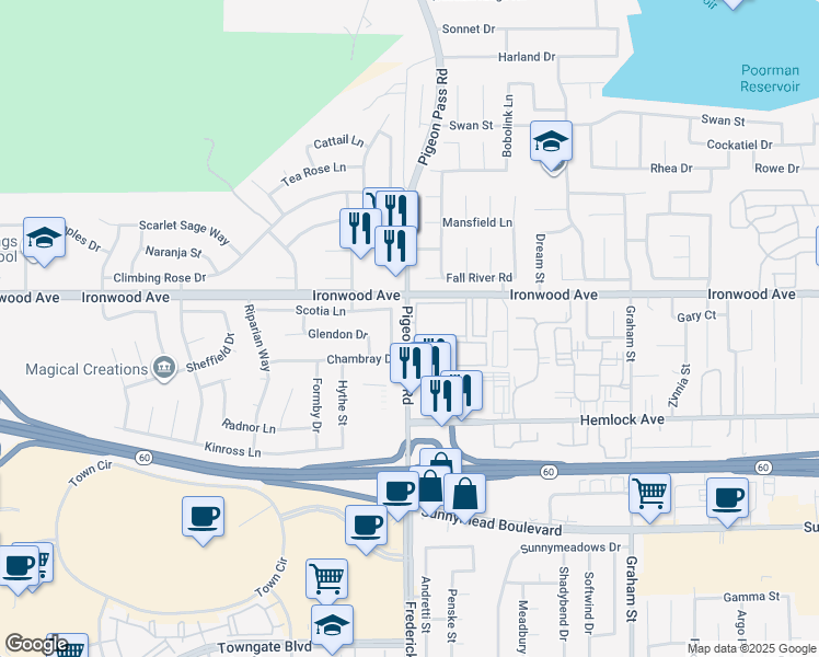 map of restaurants, bars, coffee shops, grocery stores, and more near 12080 Pigeon Pass Road in Moreno Valley