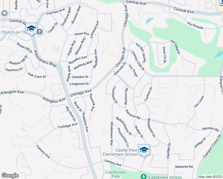 map of restaurants, bars, coffee shops, grocery stores, and more near 5947 Courtland Drive in Riverside