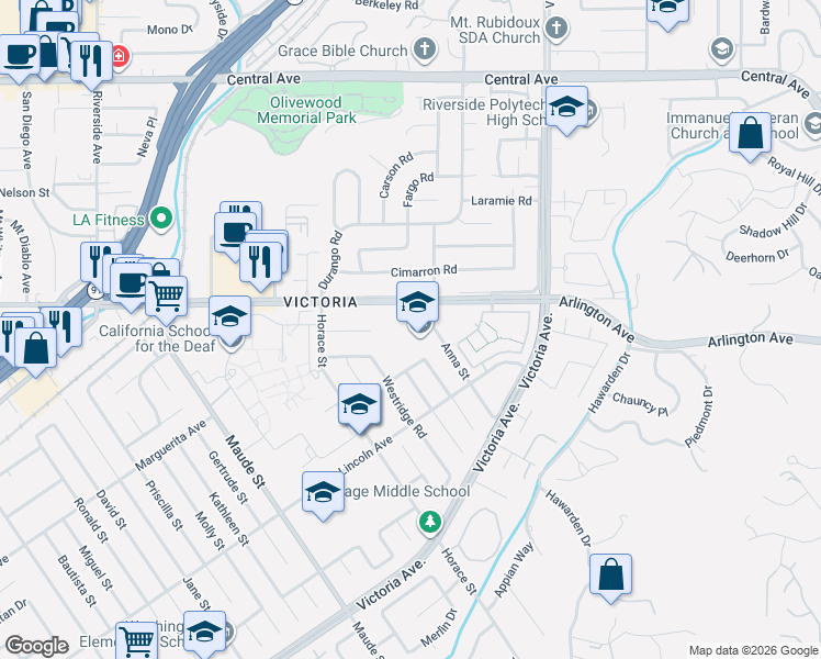 map of restaurants, bars, coffee shops, grocery stores, and more near in Riverside