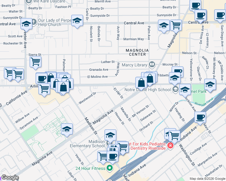 map of restaurants, bars, coffee shops, grocery stores, and more near 3855 Westwood Drive in Riverside