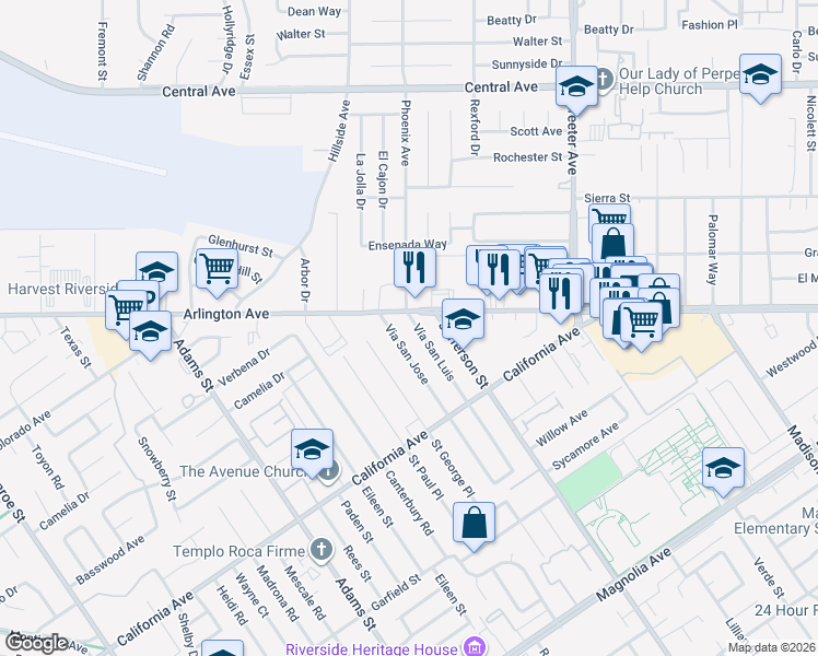map of restaurants, bars, coffee shops, grocery stores, and more near 4326 Vía San Luis in Riverside