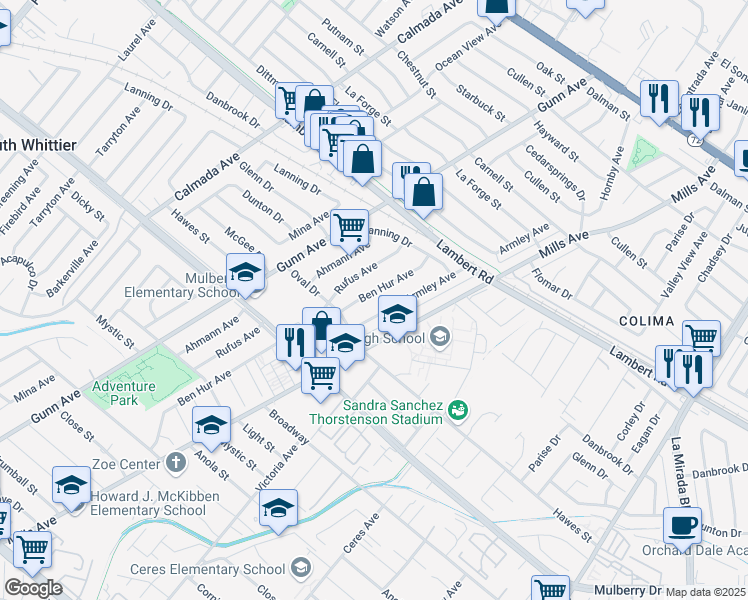 map of restaurants, bars, coffee shops, grocery stores, and more near 9726 Ben Hur Avenue in Whittier