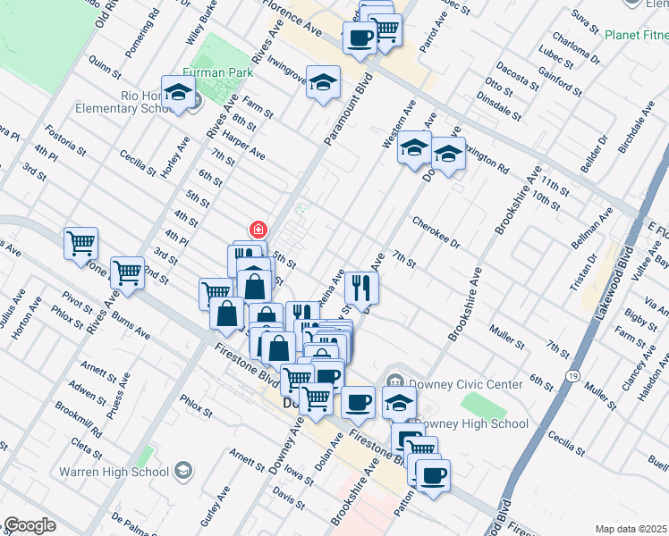 map of restaurants, bars, coffee shops, grocery stores, and more near 8143 5th Street in Downey