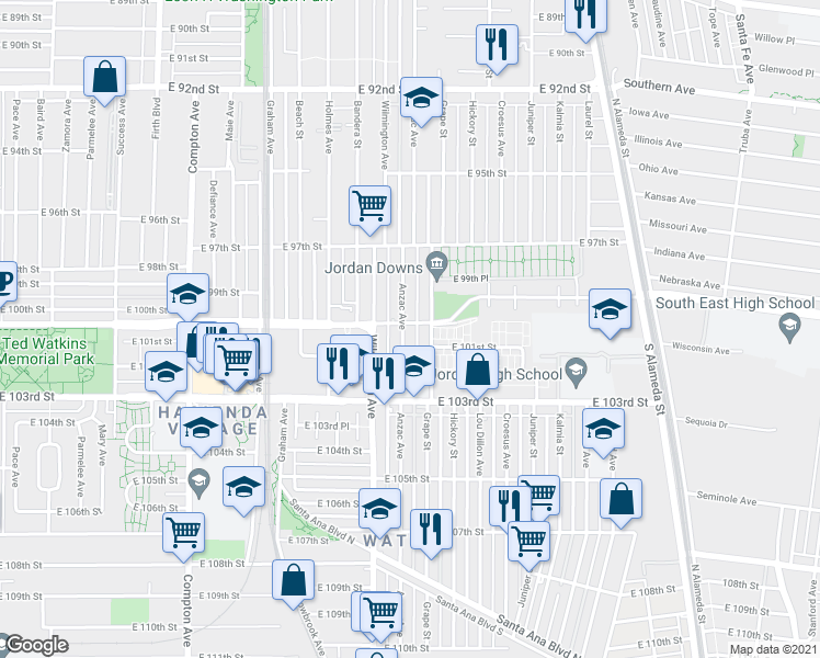 map of restaurants, bars, coffee shops, grocery stores, and more near 10022 Anzac Avenue in Los Angeles