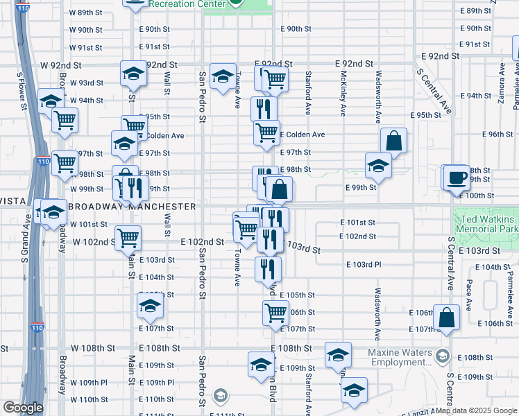 map of restaurants, bars, coffee shops, grocery stores, and more near 437 East 101st Street in Los Angeles