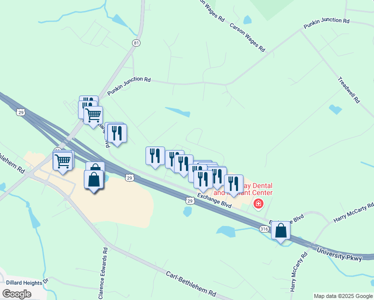 map of restaurants, bars, coffee shops, grocery stores, and more near 384 Exchange Boulevard in Bethlehem