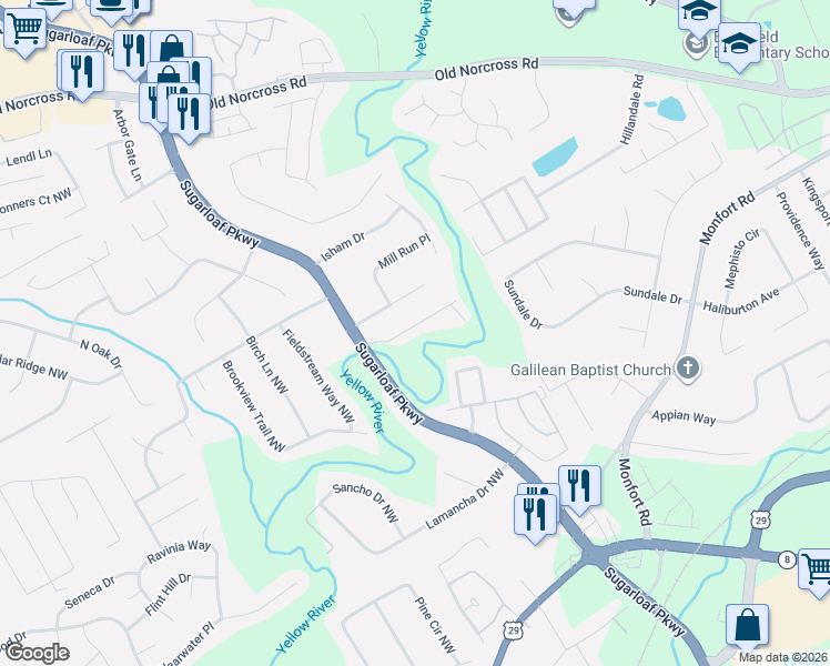 map of restaurants, bars, coffee shops, grocery stores, and more near 1597 River Main Court in Lawrenceville