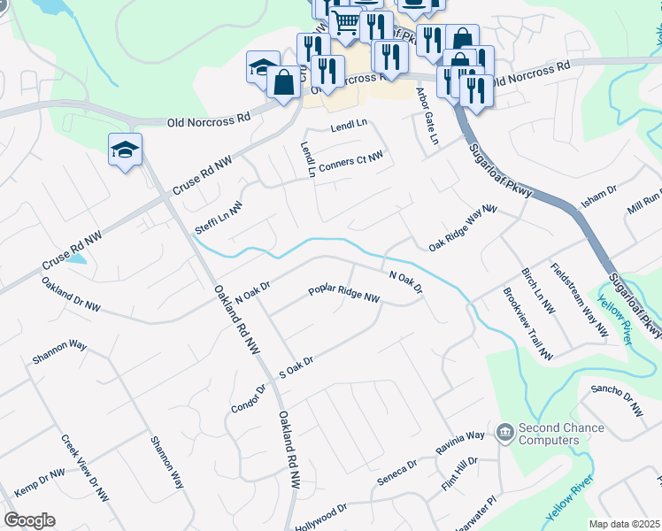 map of restaurants, bars, coffee shops, grocery stores, and more near 1973 Poplar Ridge Northwest in Lawrenceville