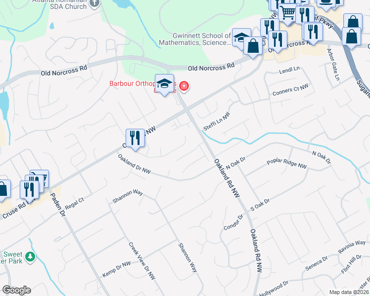 map of restaurants, bars, coffee shops, grocery stores, and more near 2060 Eagle Nest Bluff Northwest in Lawrenceville