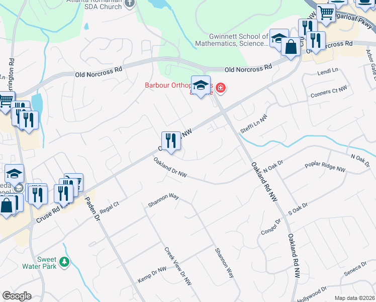 map of restaurants, bars, coffee shops, grocery stores, and more near 845 Eagle Creek Drive Northwest in Lawrenceville