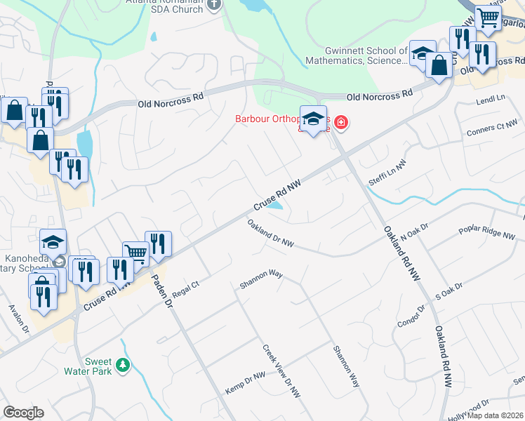 map of restaurants, bars, coffee shops, grocery stores, and more near 2295 Eagle Nest Bluff Northwest in Lawrenceville