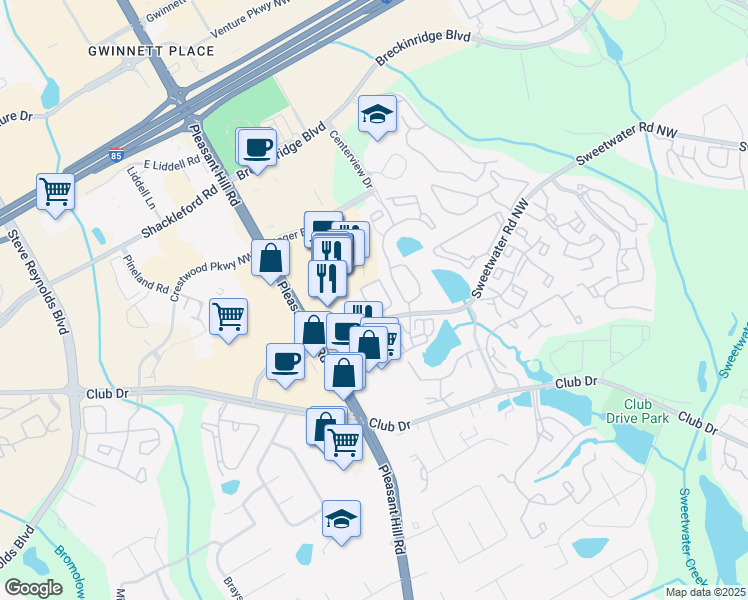 map of restaurants, bars, coffee shops, grocery stores, and more near 3555 Sweetwater Road in Duluth