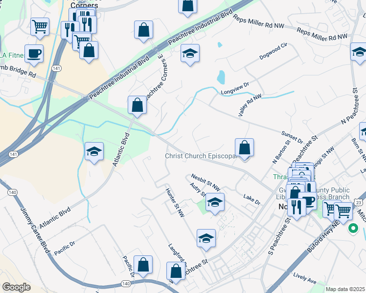 map of restaurants, bars, coffee shops, grocery stores, and more near in Norcross