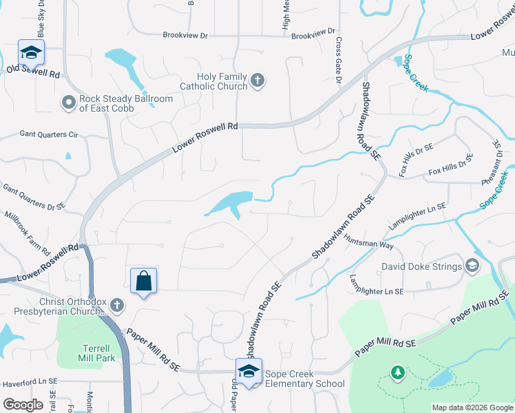 map of restaurants, bars, coffee shops, grocery stores, and more near 3418 Turtle Cove Court Southeast in Marietta