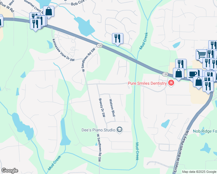 map of restaurants, bars, coffee shops, grocery stores, and more near 2984 Mike Drive in Marietta