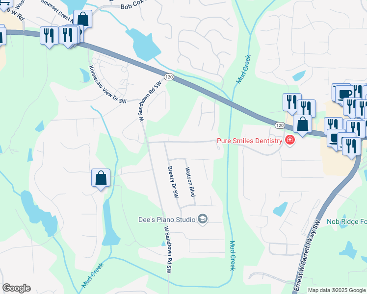 map of restaurants, bars, coffee shops, grocery stores, and more near 2984 Mike Drive in Marietta