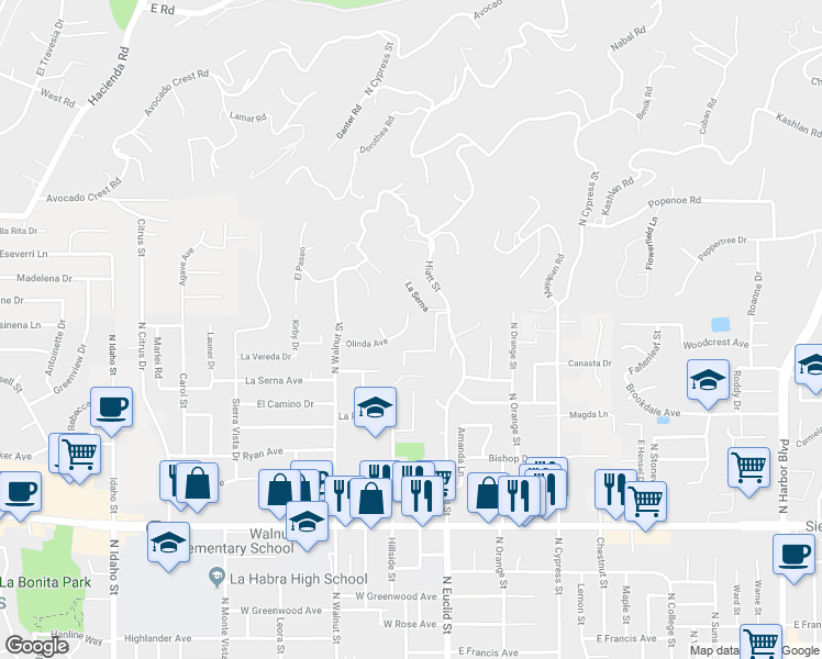 map of restaurants, bars, coffee shops, grocery stores, and more near 220 Olinda Avenue in La Habra