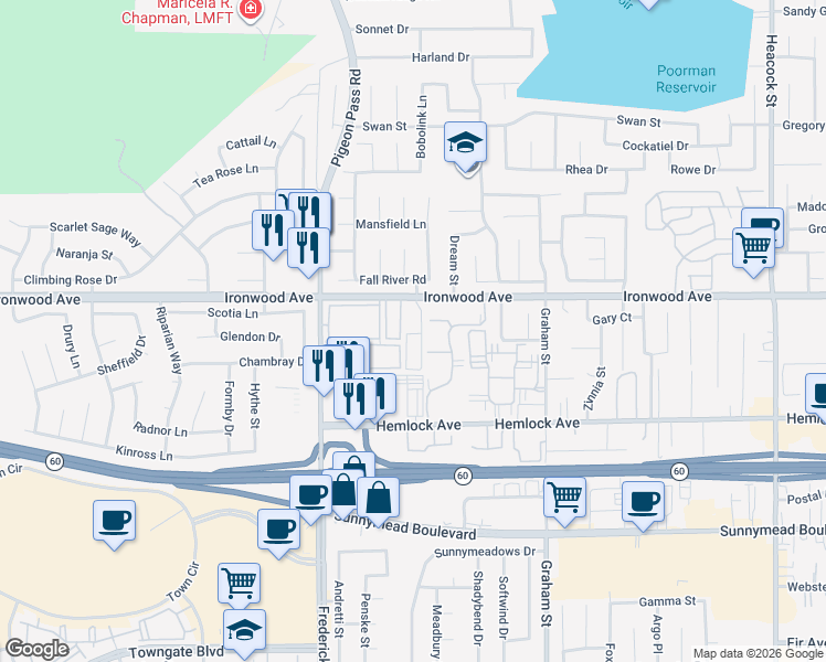 map of restaurants, bars, coffee shops, grocery stores, and more near 23215 Ironwood Avenue in Moreno Valley