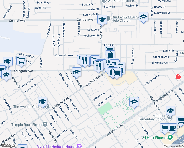 map of restaurants, bars, coffee shops, grocery stores, and more near 5371 Decamp Court in Riverside