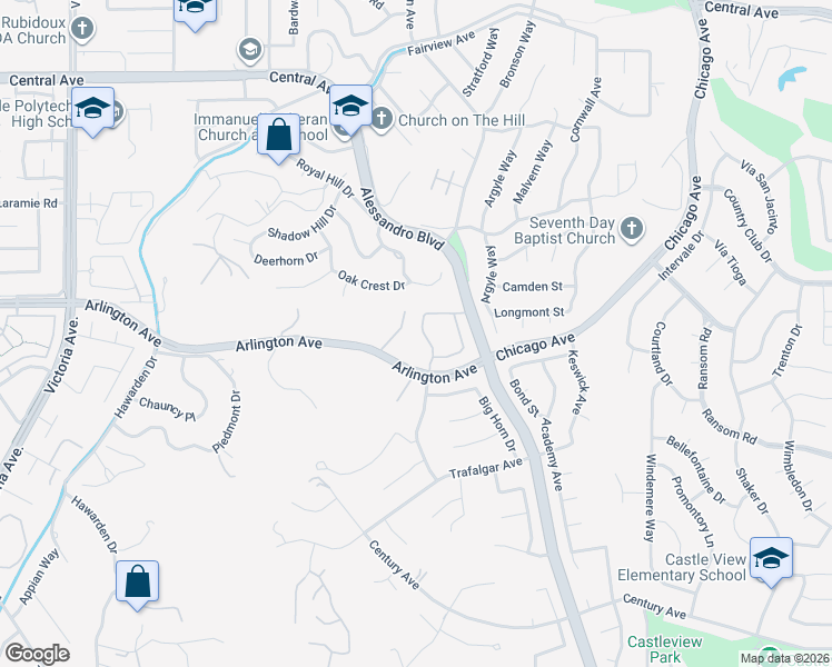map of restaurants, bars, coffee shops, grocery stores, and more near 5855 Sunset Ranch Drive in Riverside
