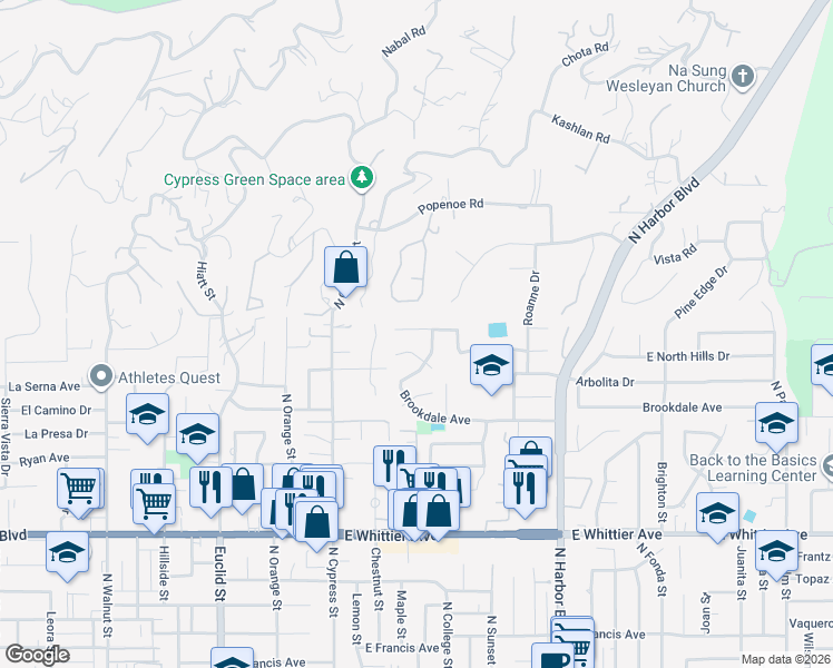map of restaurants, bars, coffee shops, grocery stores, and more near 631 Ember Lane in La Habra