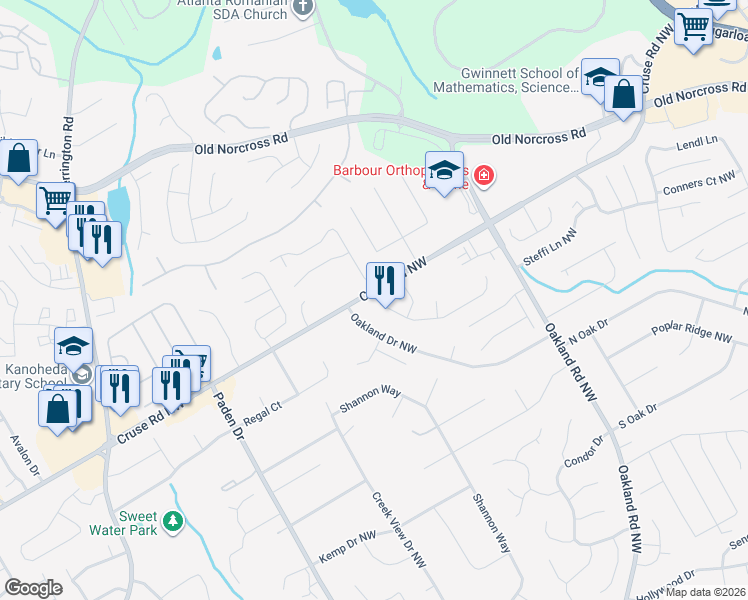 map of restaurants, bars, coffee shops, grocery stores, and more near 2295 Eagle Nest Bluff Northwest in Lawrenceville