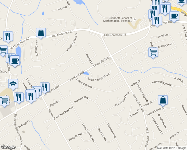 map of restaurants, bars, coffee shops, grocery stores, and more near 845 Eagle Creek Drive Northwest in Lawrenceville