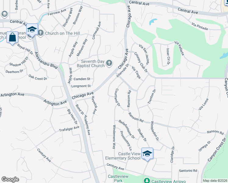 map of restaurants, bars, coffee shops, grocery stores, and more near 5947 Courtland Drive in Riverside