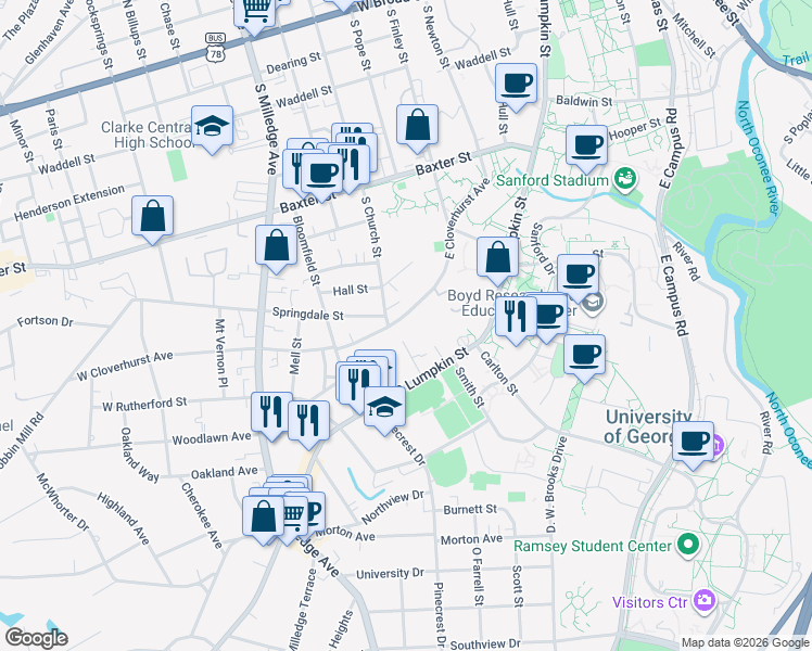 map of restaurants, bars, coffee shops, grocery stores, and more near 210 East Cloverhurst Avenue in Athens
