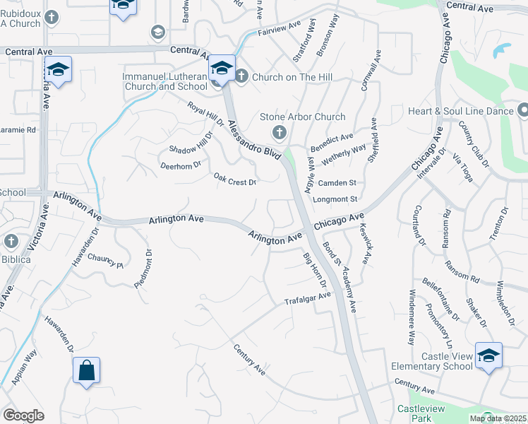 map of restaurants, bars, coffee shops, grocery stores, and more near 5855 Sunset Ranch Drive in Riverside
